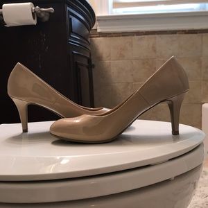 shiny beige comfort plus 3 inch heels